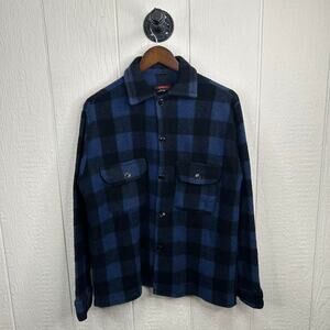 Vintage 80's Blue & Black Plaid Wool Button-Up Flannel Medium